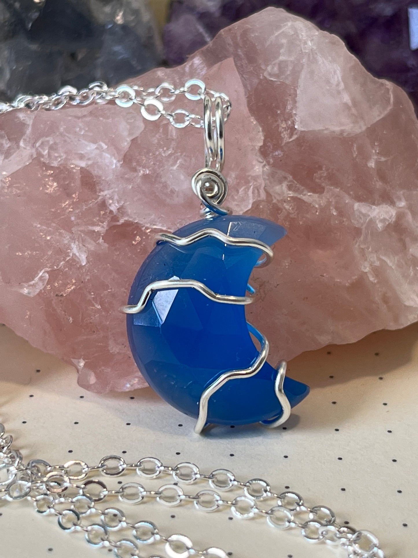 Blue Chalcedony Crescent Moon Necklace, Wire Wrapped Crystal Necklace With Chain, Happiness ~ Energizing ~ Balance