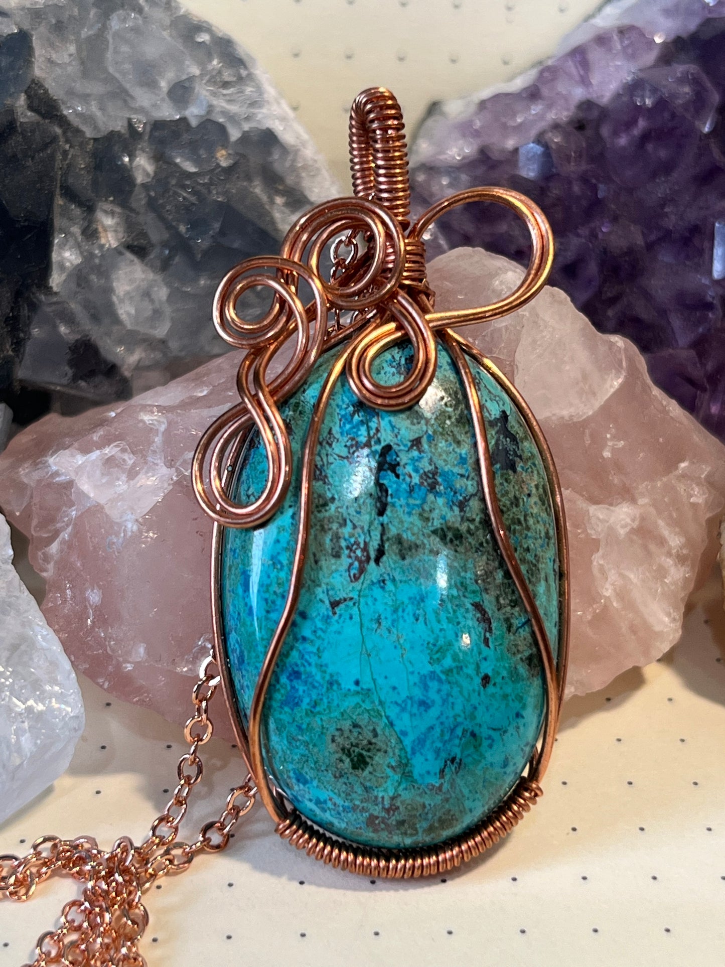 Chrysocolla Necklace, Wire Wrapped Crystal Pendant with Chain, Peace ~ Communication ~ New Beginnings