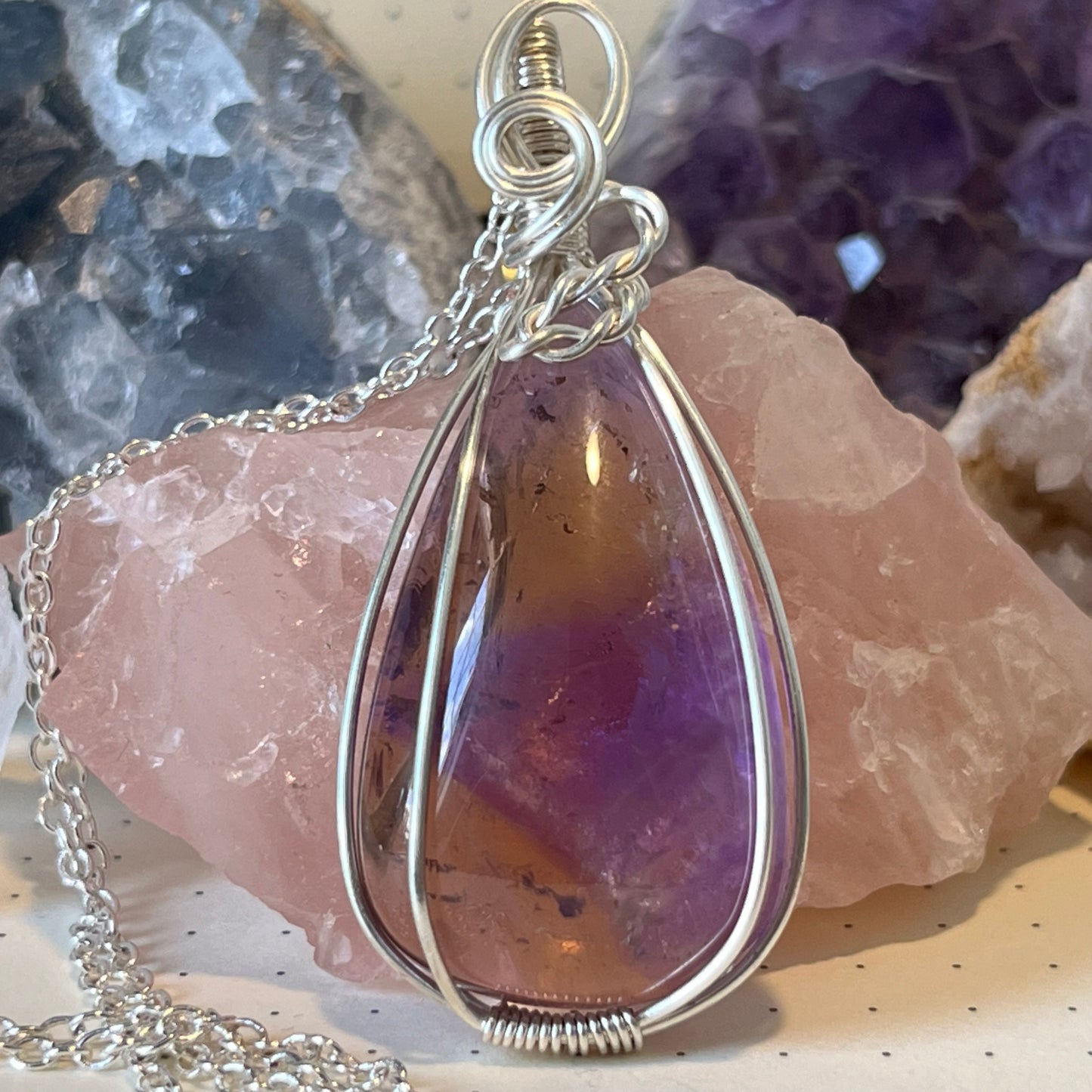 Ametrine Necklace | Wire Wrapped Crystal Healing Pendant with Chain | Clears Stress ~ Clarity ~ Balance