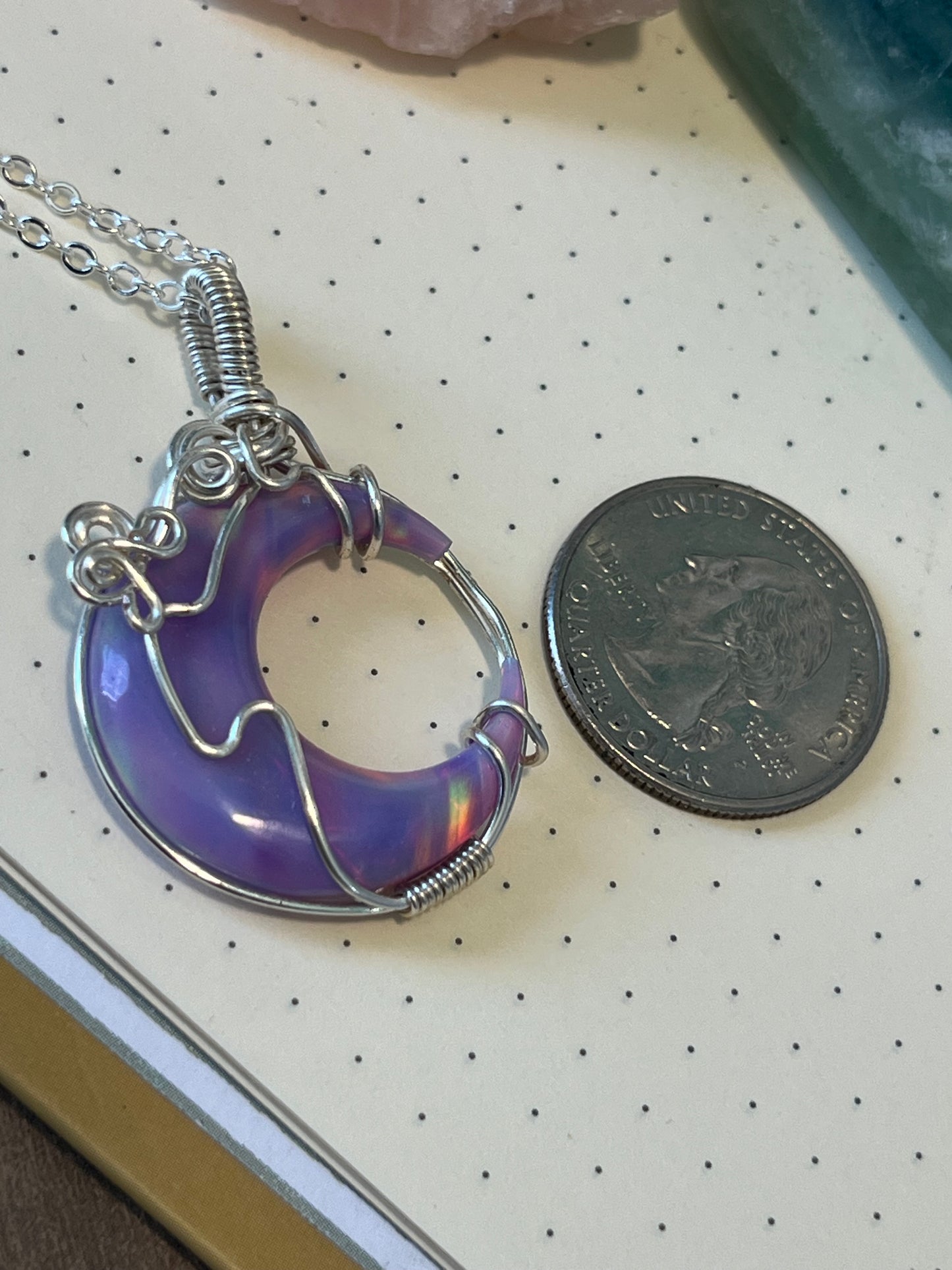 Aurora Opal Moon Necklace | Wire Wrapped Crystal Healing Pendant with Chain | Uplifting ~ Creativity ~ Discovery