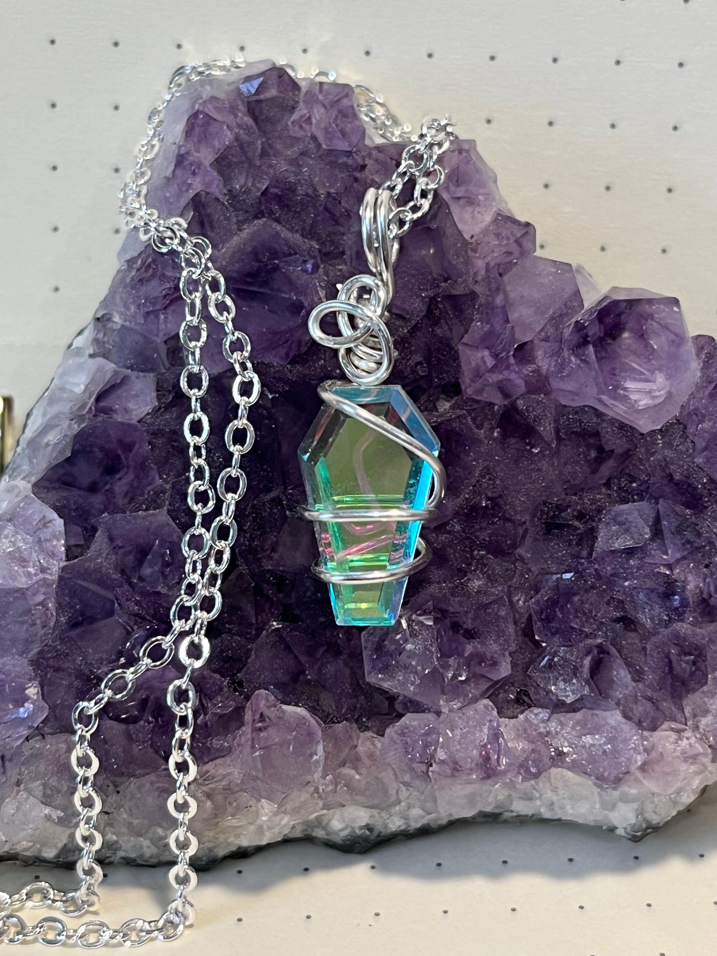 Aura Quartz 'Coffin" Shaped Necklace, Wire Wrapped Crystal Necklace with Chain, Joy ~ Happiness ~ Healing