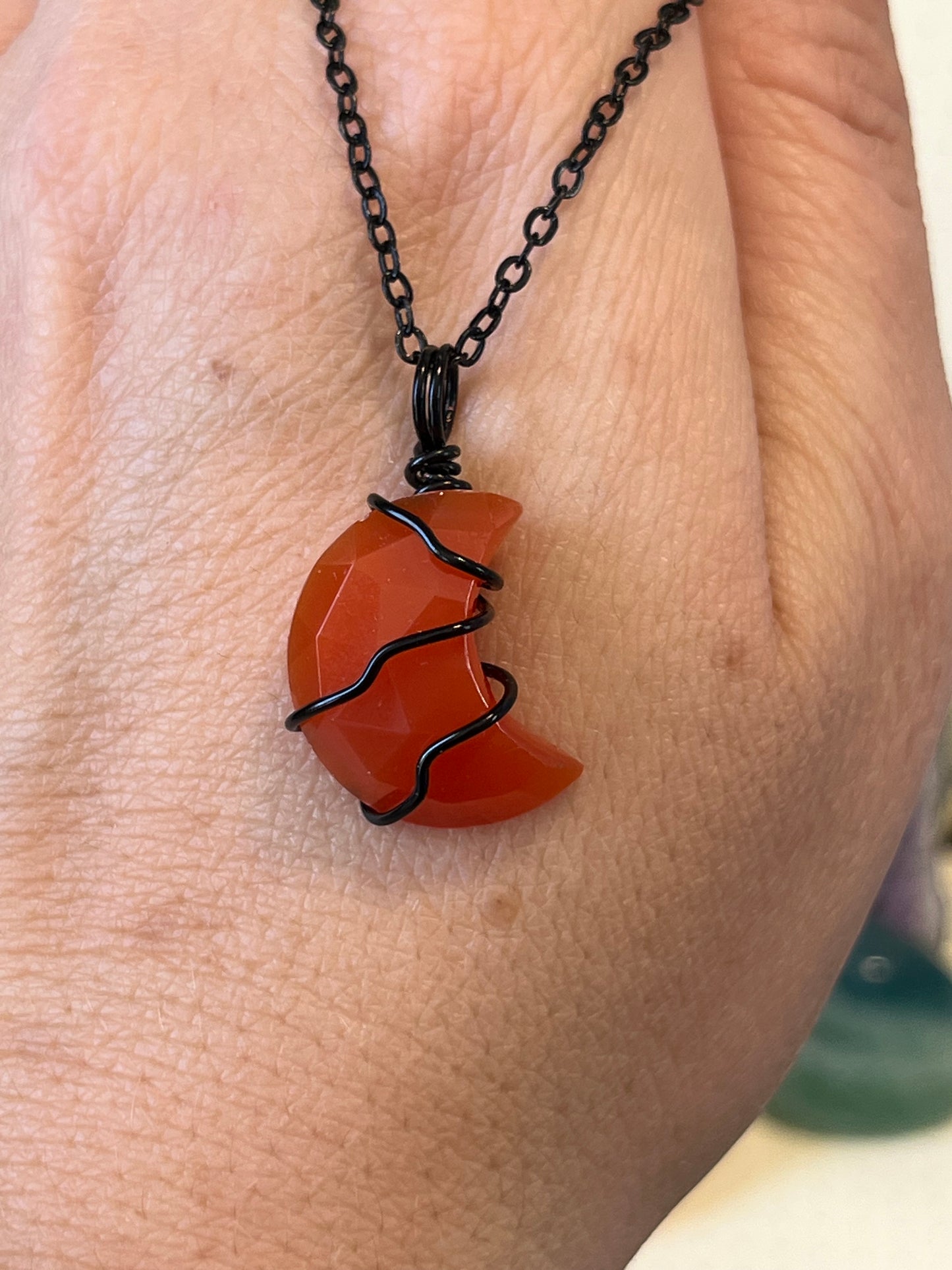 Red Onyx Moon Necklace | Wire Wrapped Crystal Healing Pendant with Chain | Protection ~ Release ~ Prosperity