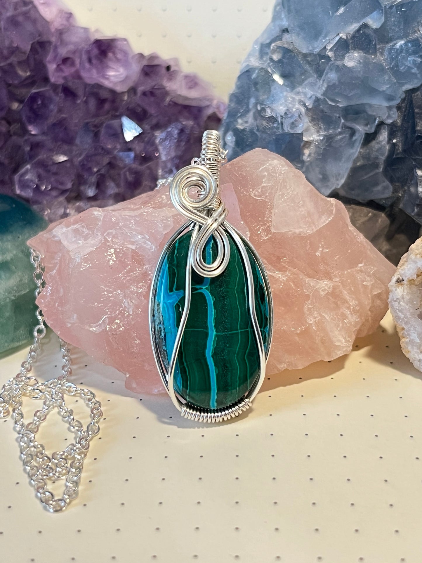 Malachite Chrysocolla Necklace, Wire Wrapped Crystal Pendant with Chain, Transformation ~ Creative Expression ~ Communication