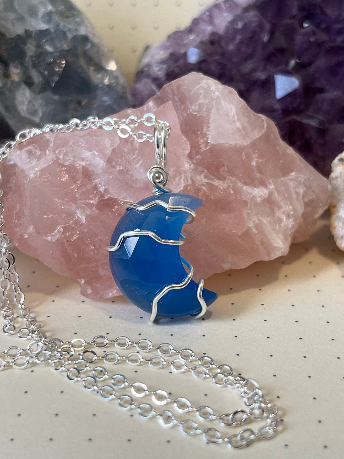 Blue Chalcedony Crescent Moon Necklace, Wire Wrapped Crystal Necklace With Chain, Happiness ~ Energizing ~ Balance