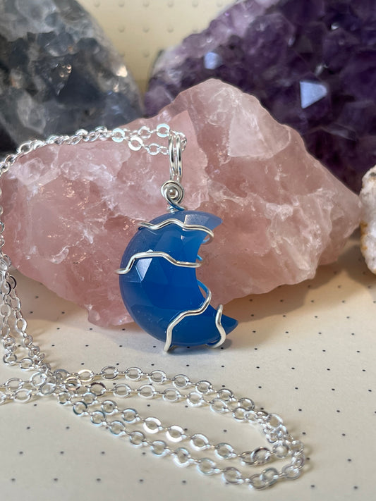 Blue Chalcedony Crescent Moon Necklace, Wire Wrapped Crystal Necklace With Chain, Happiness ~ Energizing ~ Balance