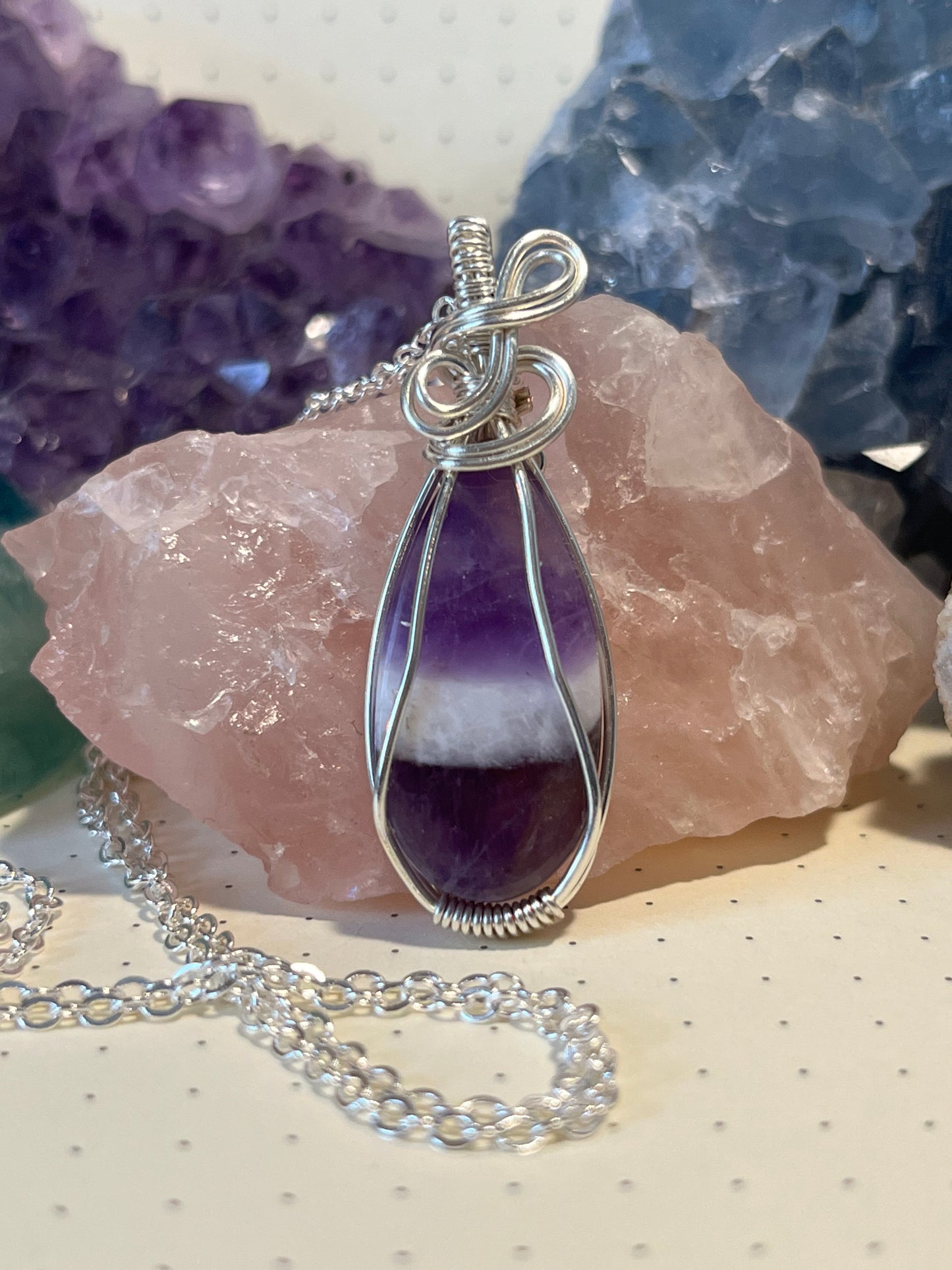 Chevron Amethyst Necklace, Wire Wrapped Crystal Pendant with Chain. Courage ~ Strength ~ Positivity