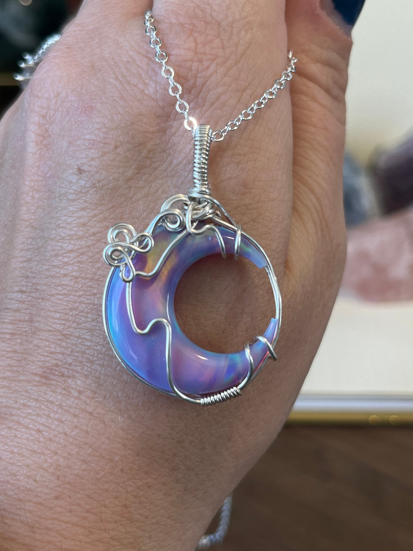 Aurora Opal Moon Necklace | Wire Wrapped Crystal Healing Pendant with Chain | Uplifting ~ Creativity ~ Discovery