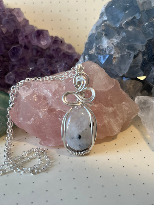 Moonstone Tourmaline Necklace | Wire Wrapped Crystal Healing Pendant with Chain | Growth ~ Grounding ~ Uplifting