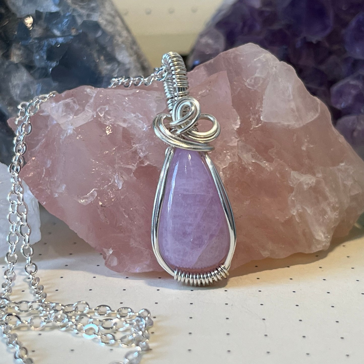 Kunzite Necklace, Wire Wrapped Crystal Pendant with Chain, Soothing ~ Self-Love ~ Self-Expression
