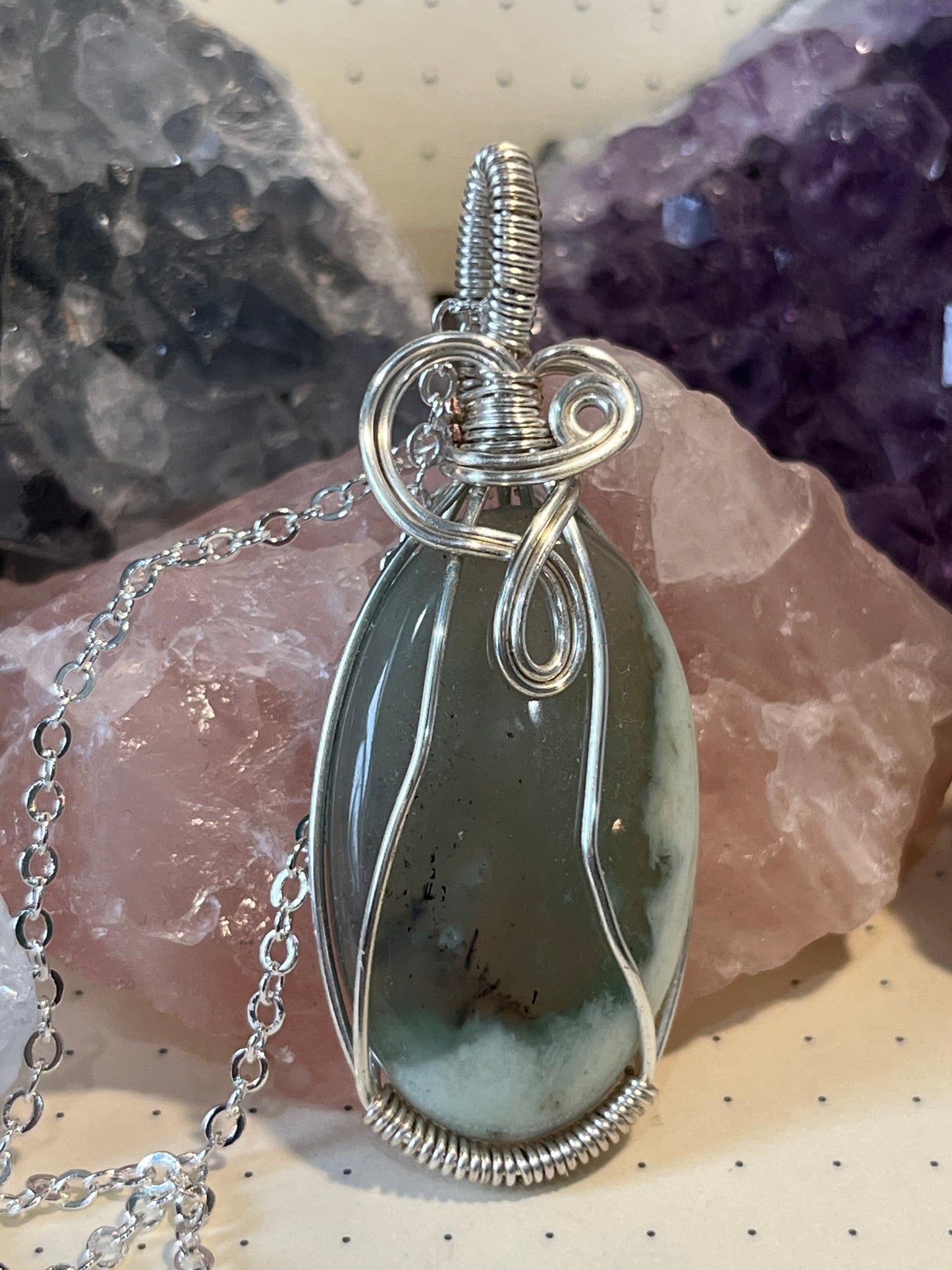 Jade Necklace, Wire Wrapped Crystal Pendant with Chain, Protection ~ Serenity ~ Abundance