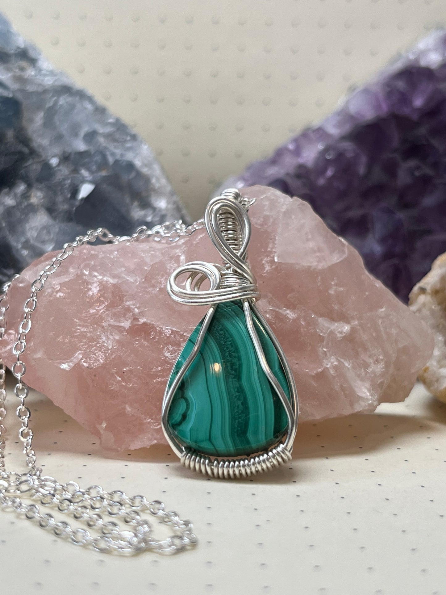 Malachite Necklace, Wire Wrapped Crystal Pendant with Chain, Transformation ~ Protection ~ Growth