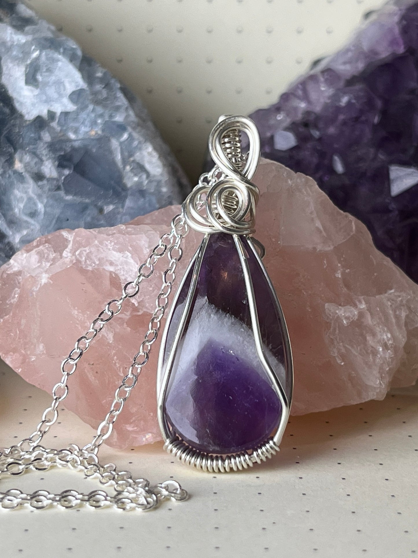 Chevron Amethyst Necklace, Wire Wrapped Crystal Pendant with Chain, Courage ~ Strength ~ Positivity