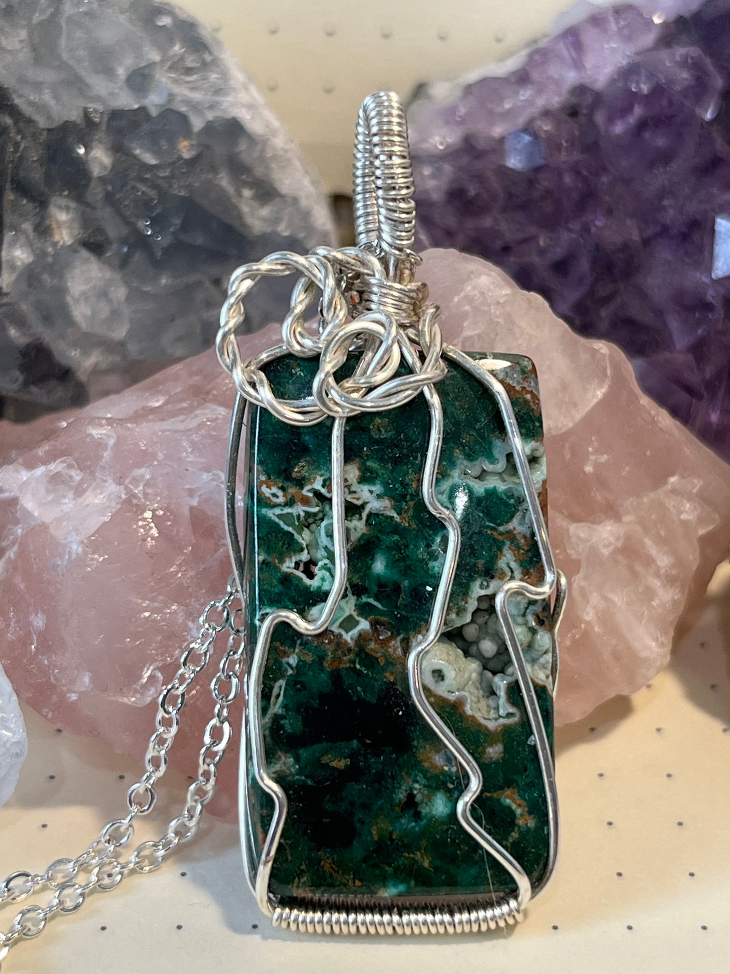 Malachite Chrysocolla Necklace, Wire Wrapped Crystal Pendant with Chain, ransformation ~ Creative Expression ~ Communication