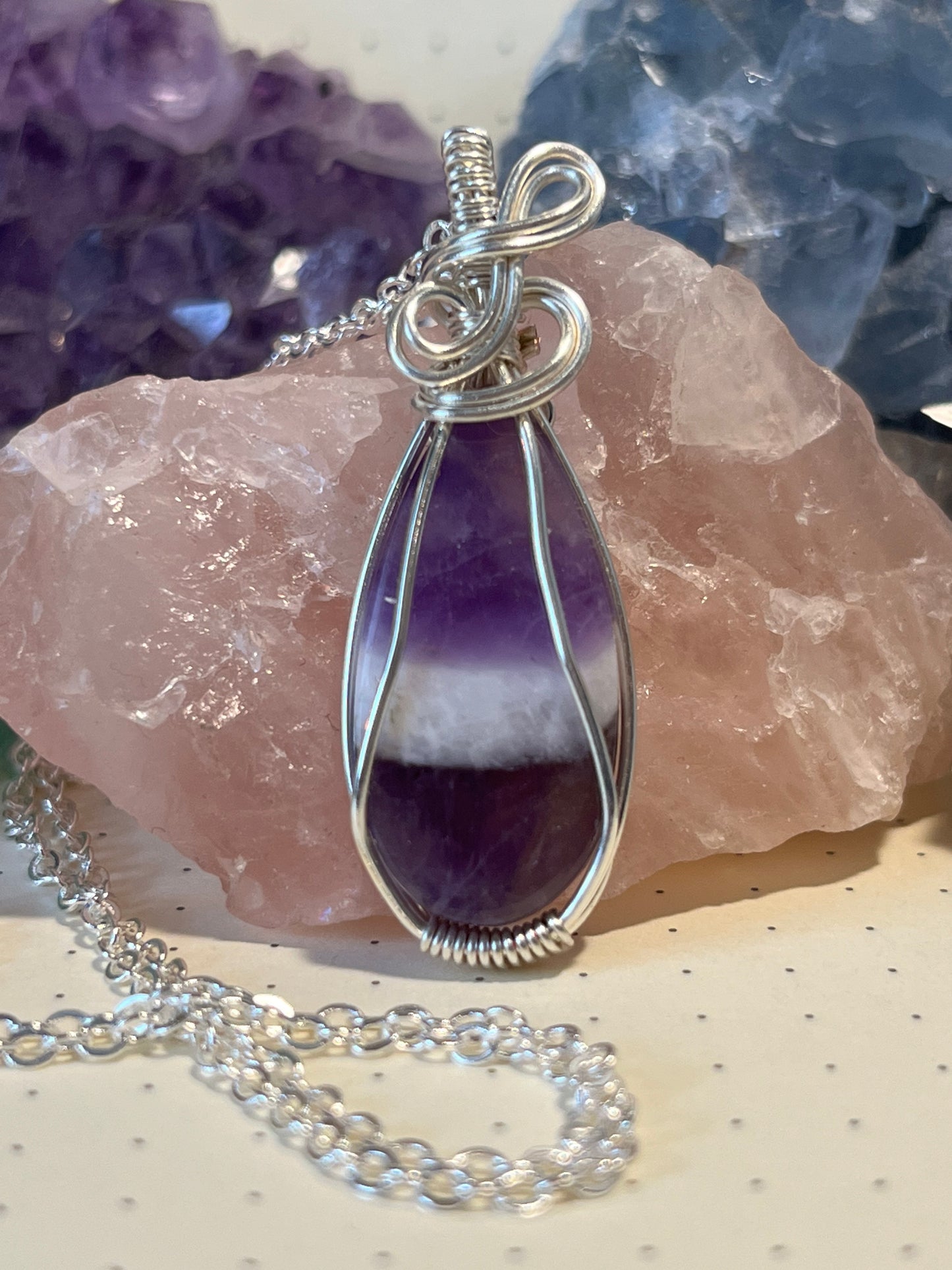 Chevron Amethyst Necklace, Wire Wrapped Crystal Pendant with Chain. Courage ~ Strength ~ Positivity