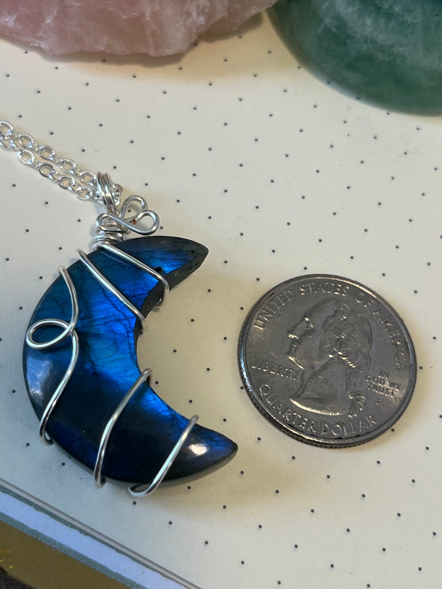 Labradorite Moon Necklace | Wire Wrapped Crystal Healing Pendant with Chain | Higher Awareness ~ Shielding ~ Creativity
