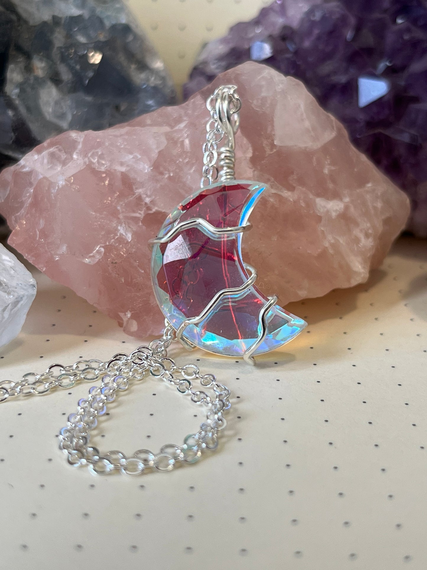 Aura Quartz Moon Necklace, Wire wrapped Crystal Necklace with chain, Joy ~ Happiness ~ Healing