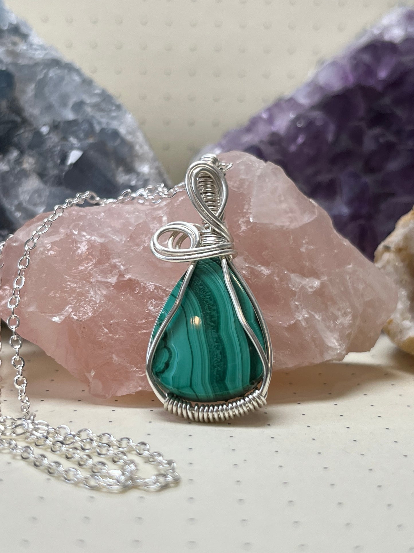 Malachite Necklace, Wire Wrapped Crystal Pendant with Chain, Transformation ~ Protection ~ Growth
