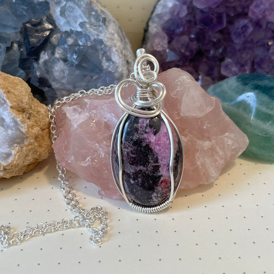 Pink Cobalto Calcite Necklace | Wire Wrapped Crystal Healing Pendant with Chain | Healing ~ Nurtures ~ Hope