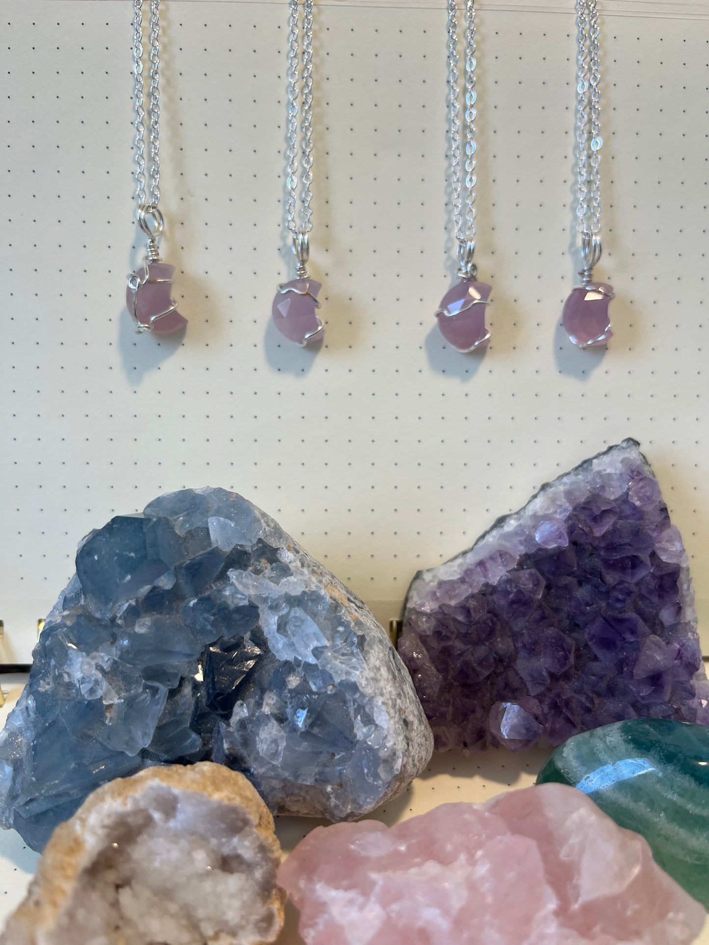 Lavender Chalcedony Moon Necklace | Wire Wrapped Crystal Healing Pendant with Chain | Happiness ~ Energizing ~ Balance