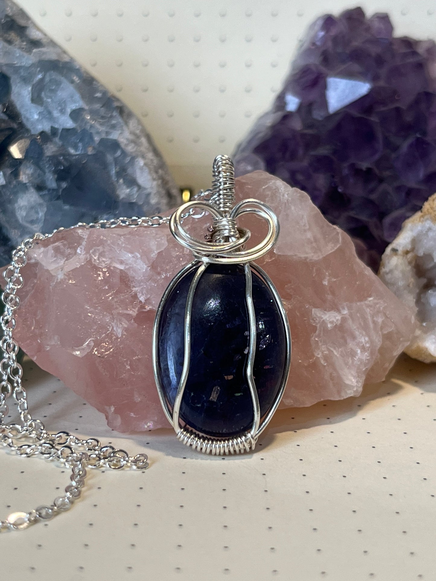 Iolite Sunstone Necklace | Wire Wrapped Crystal Healing Pendant with Chain | Joy ~ Inspiration ~ Breaking Patterns