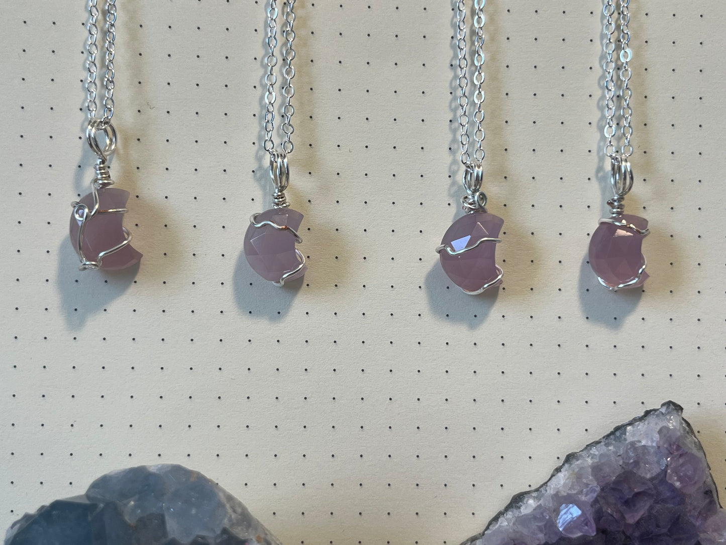 Lavender Chalcedony Moon Necklace | Wire Wrapped Crystal Healing Pendant with Chain | Happiness ~ Energizing ~ Balance