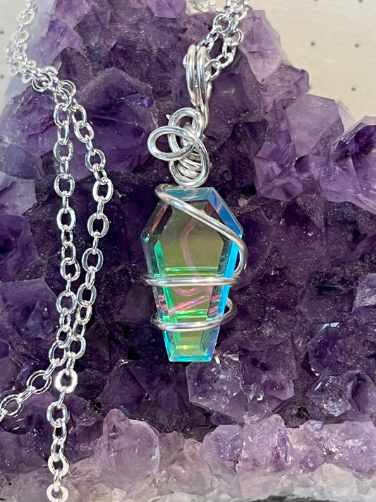 Aura Quartz 'Coffin" Shaped Necklace, Wire Wrapped Crystal Necklace with Chain, Joy ~ Happiness ~ Healing