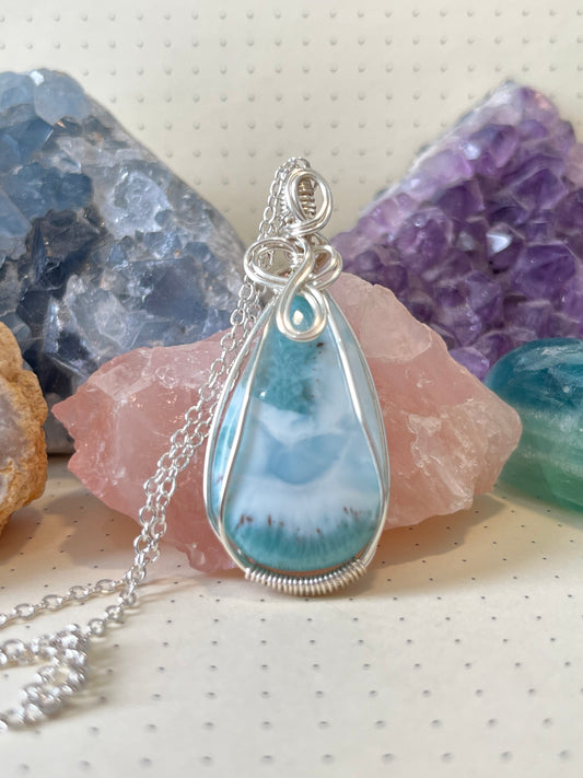 Larimar Necklace | Wire Wrapped Crystal Healing Pendant with Chain | Relaxing ~ Brings Peace ~ Removes Guilt & Fear