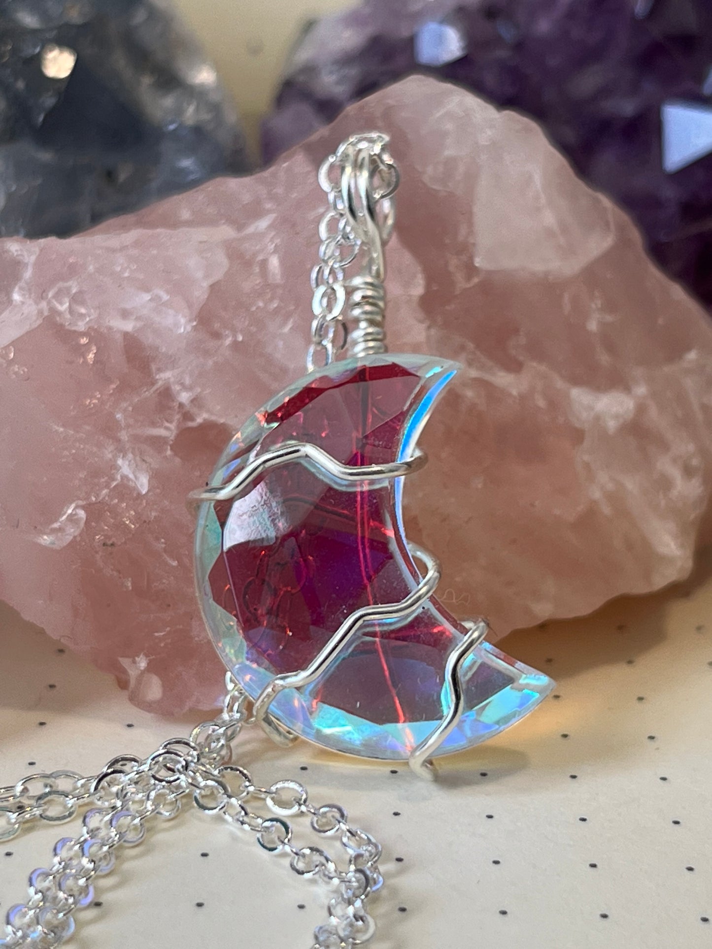 Aura Quartz Moon Necklace, Wire wrapped Crystal Necklace with chain, Joy ~ Happiness ~ Healing