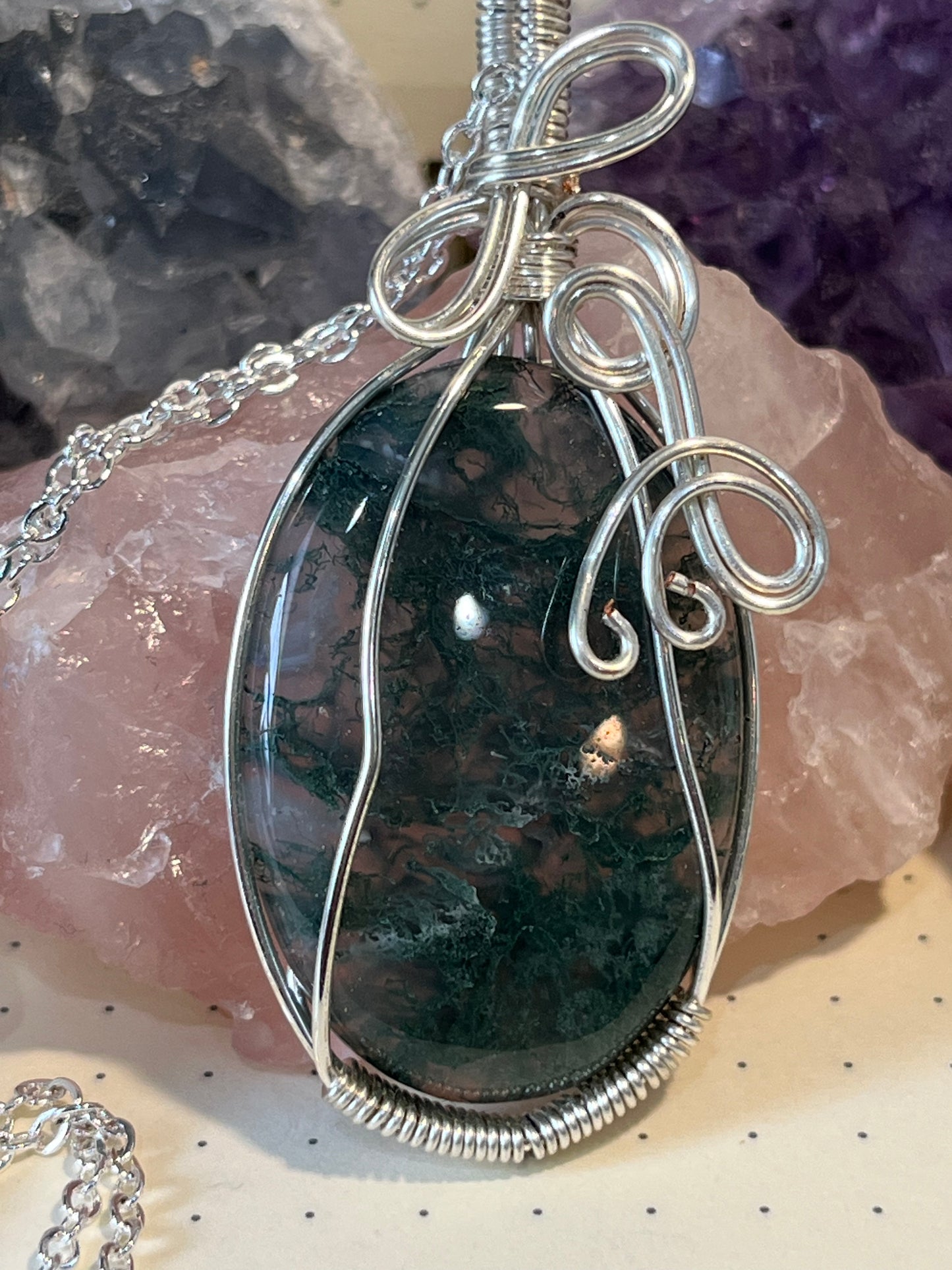 Green Moss Agate Necklace, Wire Wrapped Crystal Pendant with Chain, Grounding - Connecting with Nature - Peace