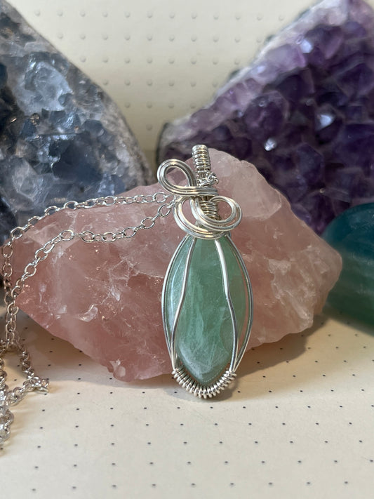 Green Moonstone Necklace | Wire Wrapped Crystal Healing Pendant with Chain | Divinity ~ Emotional Healing ~ Balance