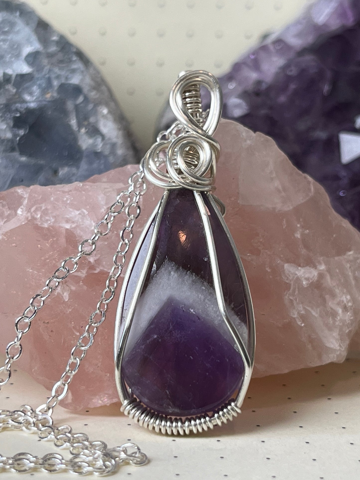 Chevron Amethyst Necklace, Wire Wrapped Crystal Pendant with Chain, Courage ~ Strength ~ Positivity