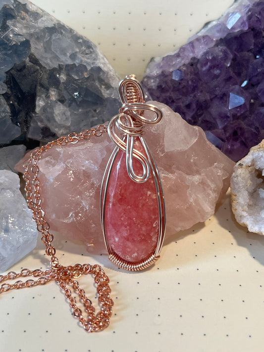 Rhodochrosite Necklace, Wire Wrapped Crystal Pendant with Chain, Healing Trauma ~ Worthiness ~ Self-Love & Compassion