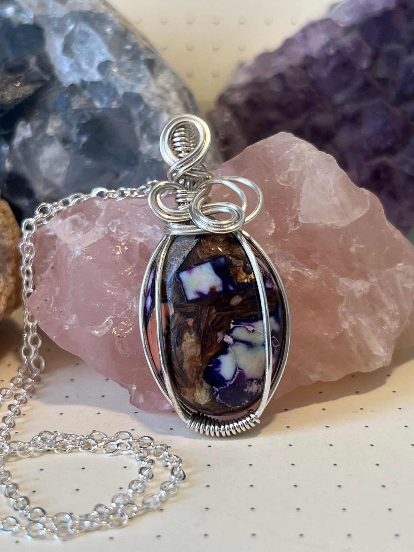 Ocean Jasper & Pyrite Necklace | Wire Wrapped Crystal Healing Pendant with Chain | Nurturing ~ Abundance ~ Prosperity