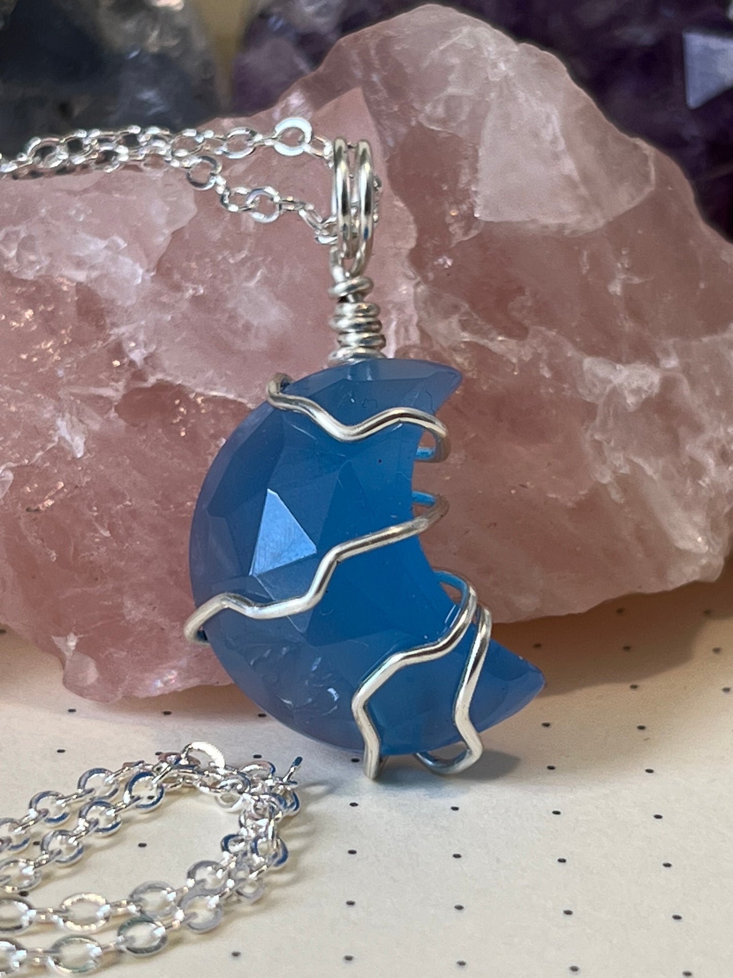 Blue Chalcedony Crescent Moon Necklace, Wire Wrapped Crystal Necklace With Chain, Happiness ~ Energizing ~ Balance