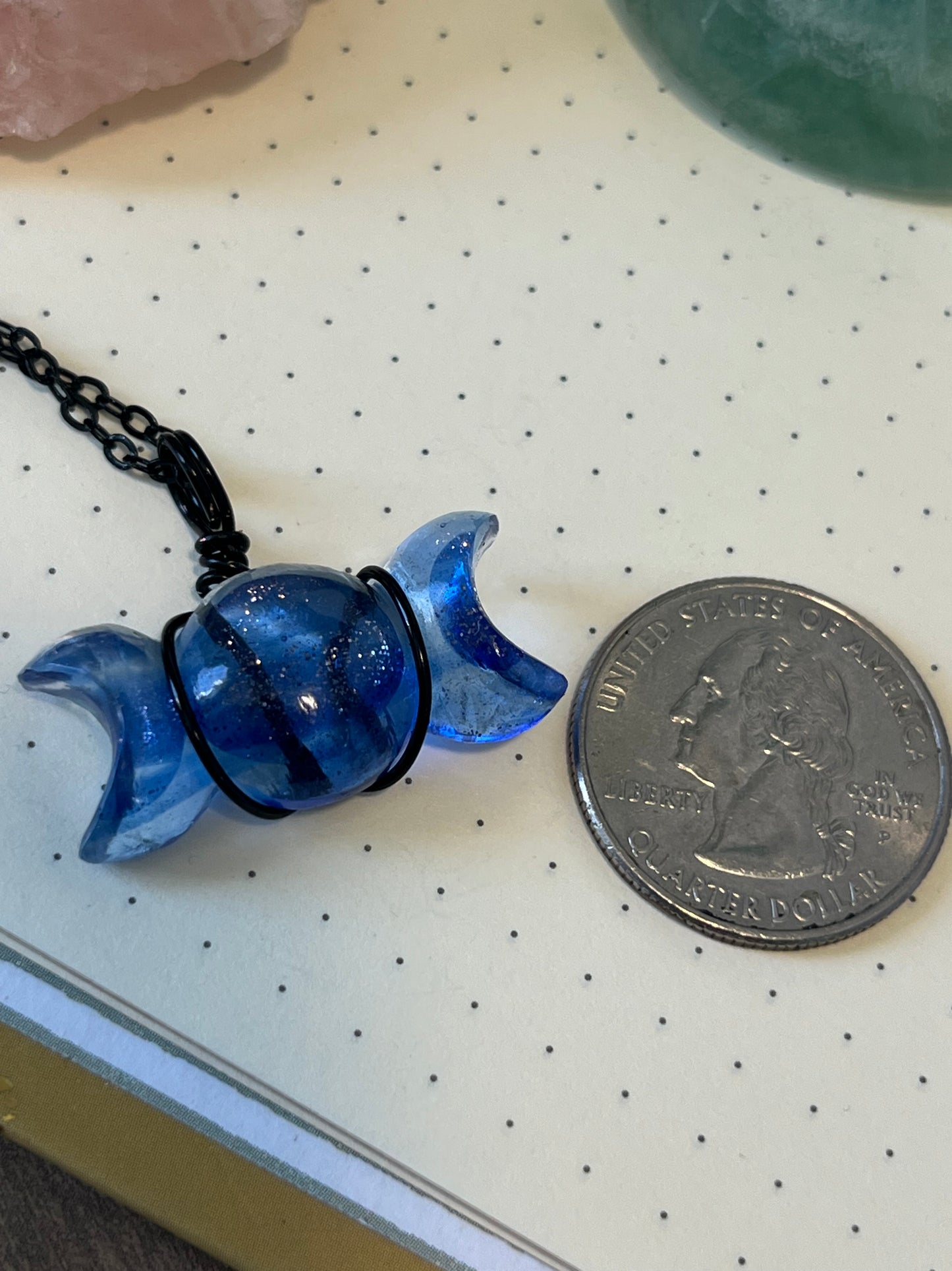 Blue Goldstone Triple Moon Necklace | Wire Wrapped Crystal Healing Pendant with Chain | Confidence ~ Wishes ~ Luck