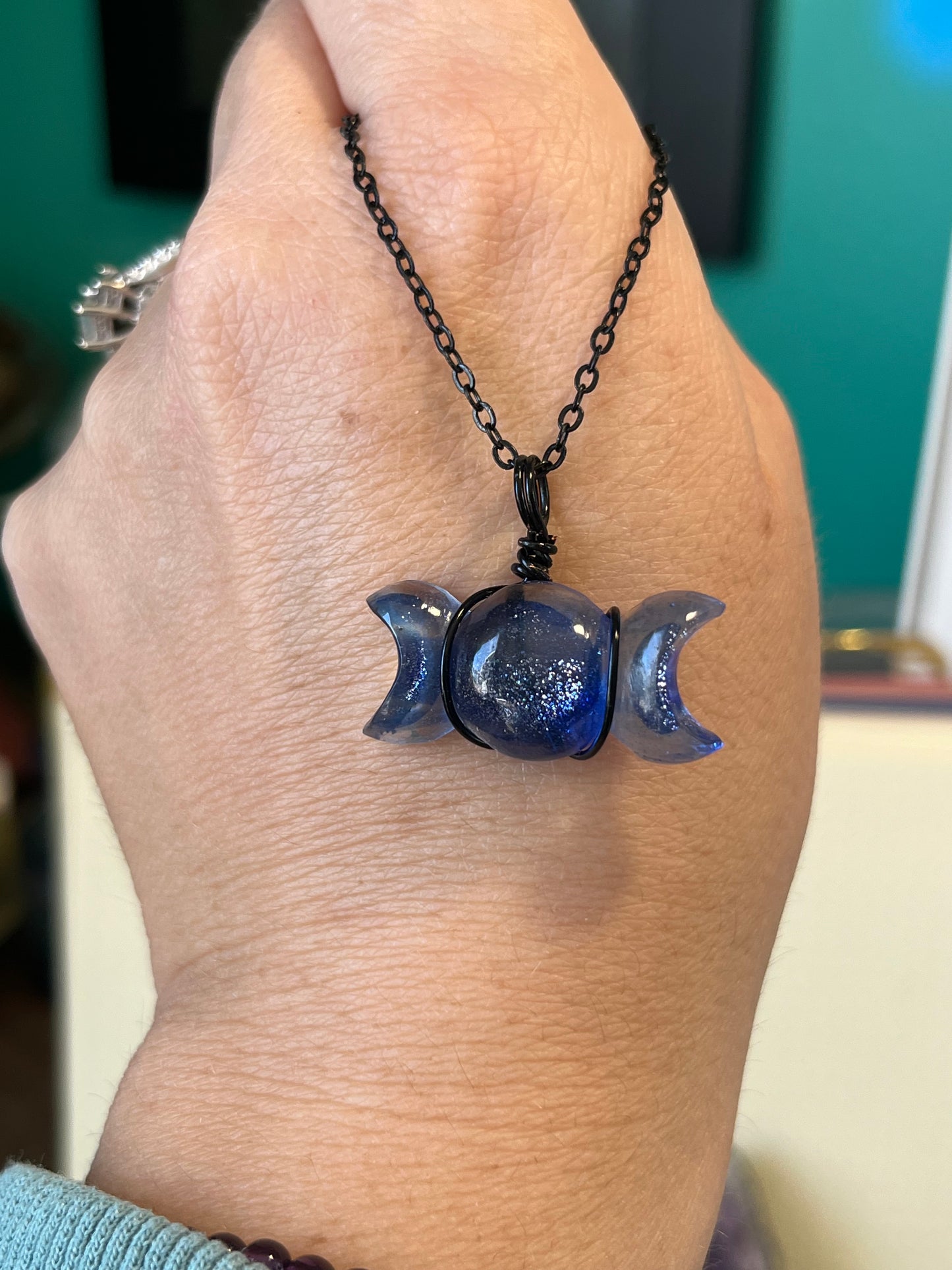 Blue Goldstone Triple Moon Necklace | Wire Wrapped Crystal Healing Pendant with Chain | Confidence ~ Wishes ~ Luck