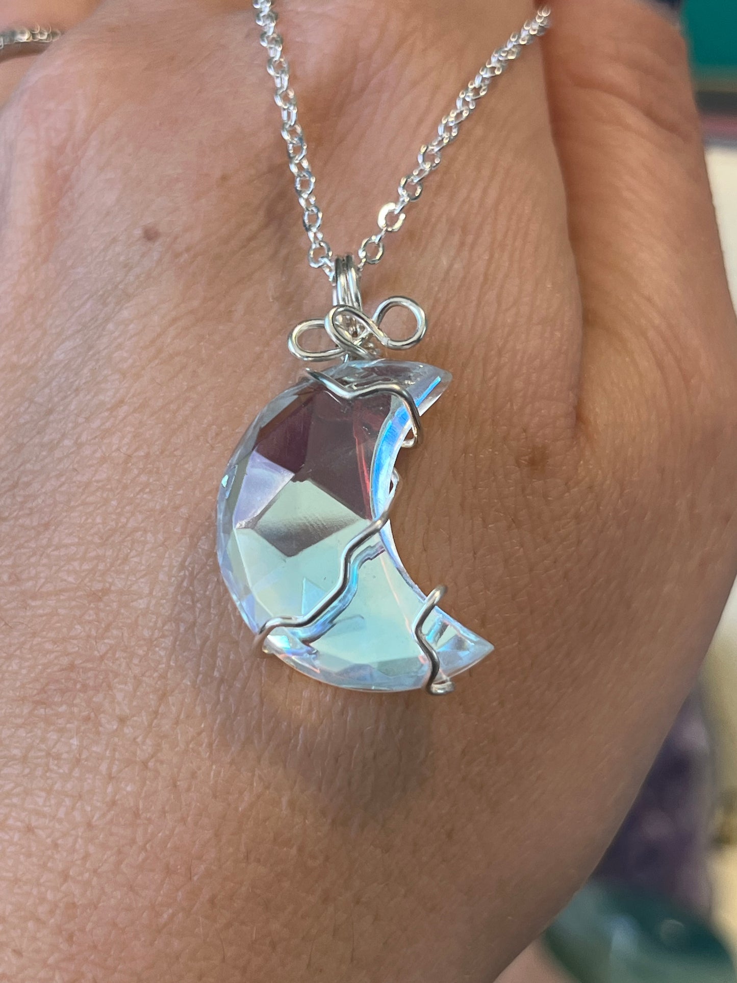 Aura Quartz Moon Necklace | Wire Wrapped Crystal Healing Pendant with Chain |  Joy ~ Happiness ~ Healing