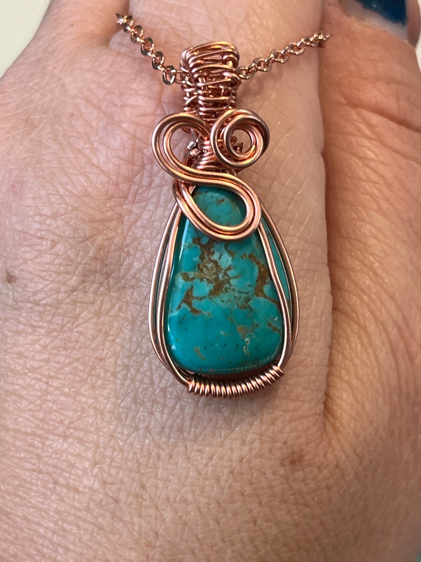 Turquoise Necklace | Wire Wrapped Crystal Healing Pendant with Chain | Good Luck ~ Ambition ~ Peace