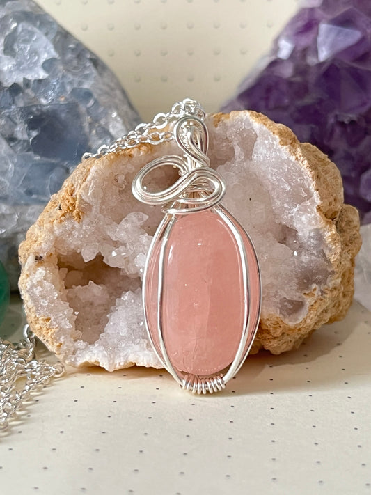 Morganite Necklace | Wire Wrapped Crystal Healing Pendant with Chain | Brings Joy ~ Releases Emotions ~ Heals Old Wounds