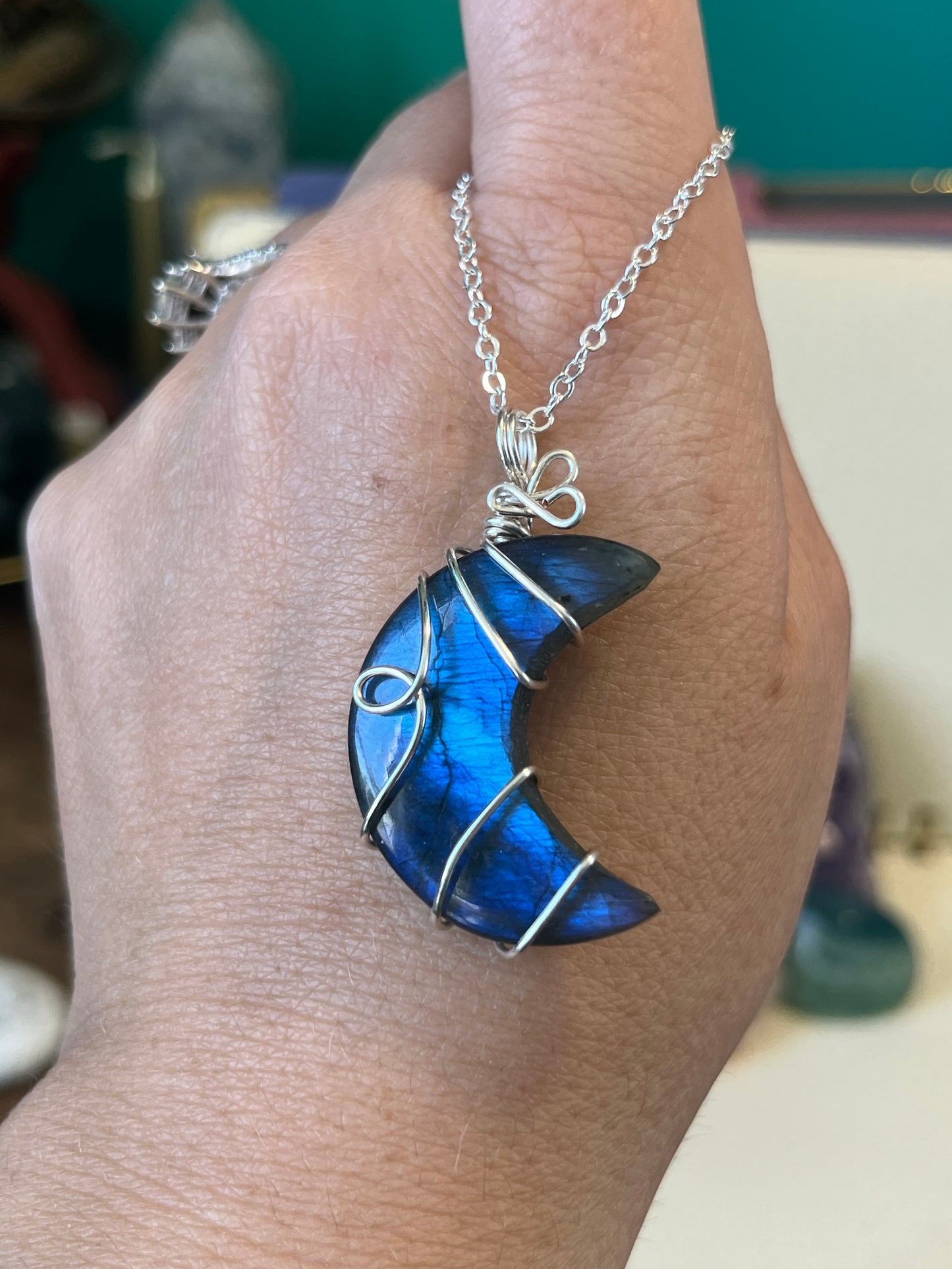 Labradorite Moon Necklace | Wire Wrapped Crystal Healing Pendant with Chain | Higher Awareness ~ Shielding ~ Creativity