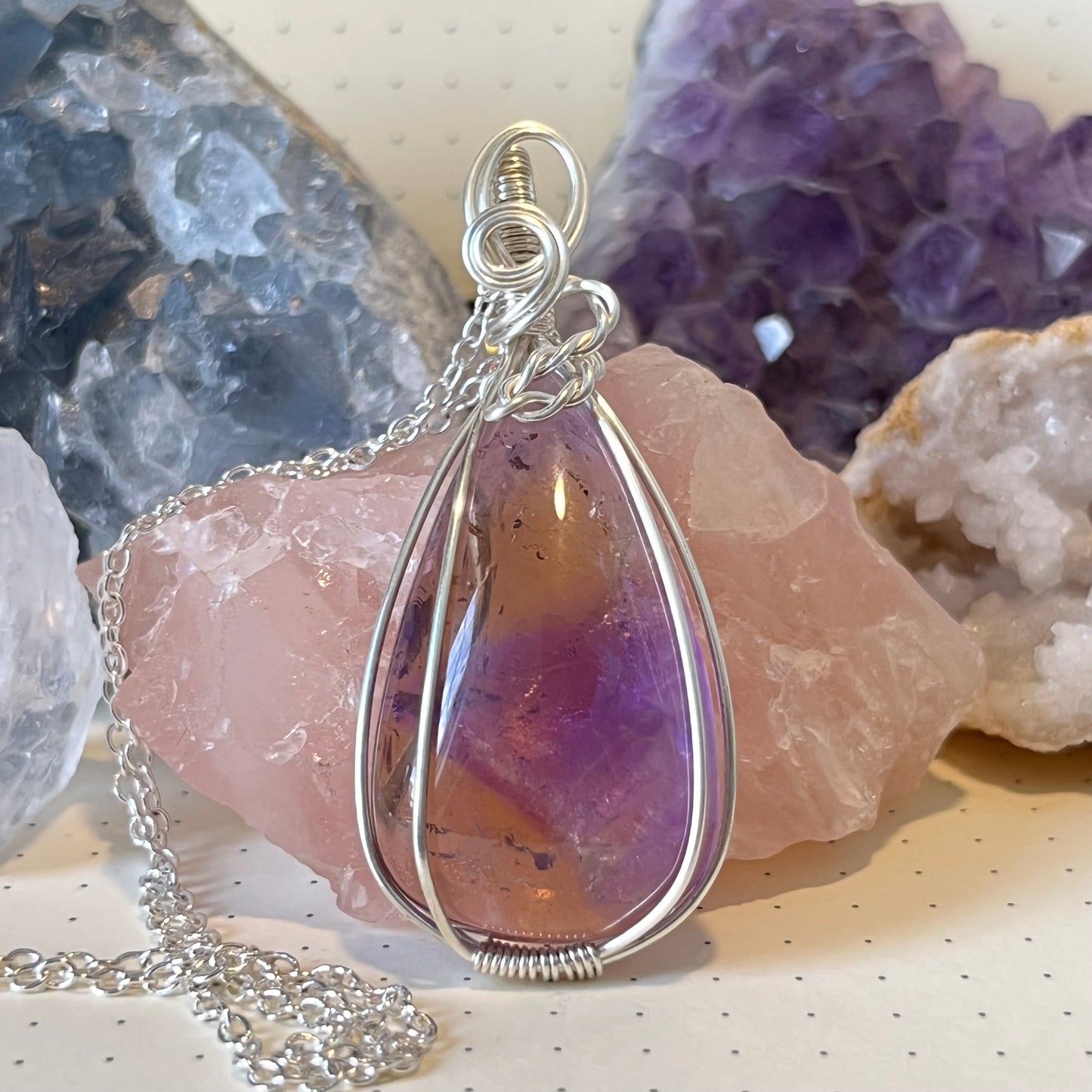 Ametrine Necklace | Wire Wrapped Crystal Healing Pendant with Chain | Clears Stress ~ Clarity ~ Balance