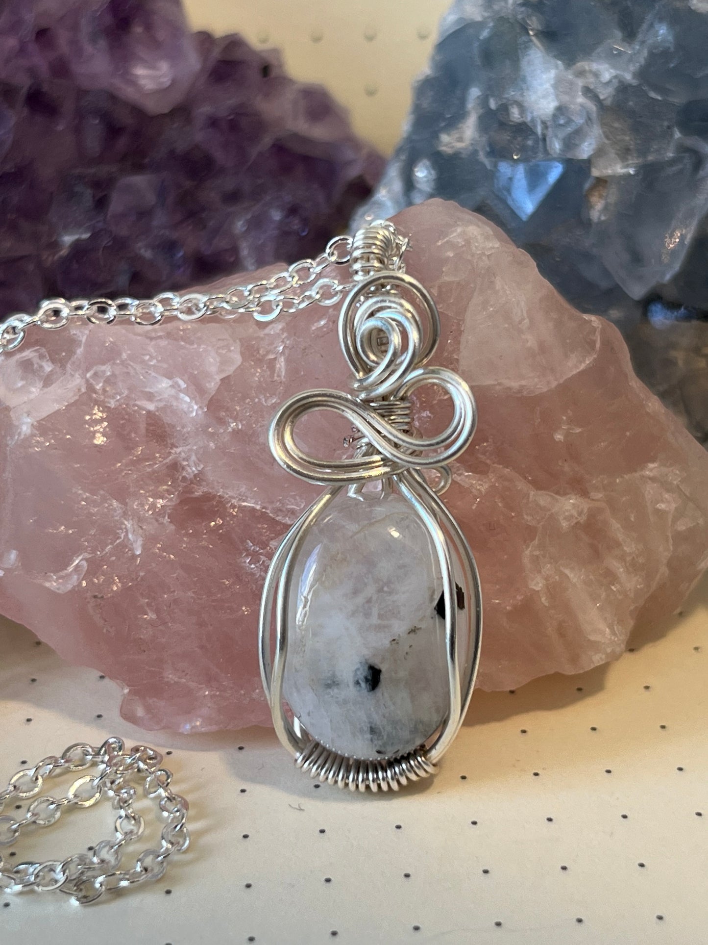 Moonstone Tourmaline Necklace | Wire Wrapped Crystal Healing Pendant with Chain | Growth ~ Grounding ~ Uplifting