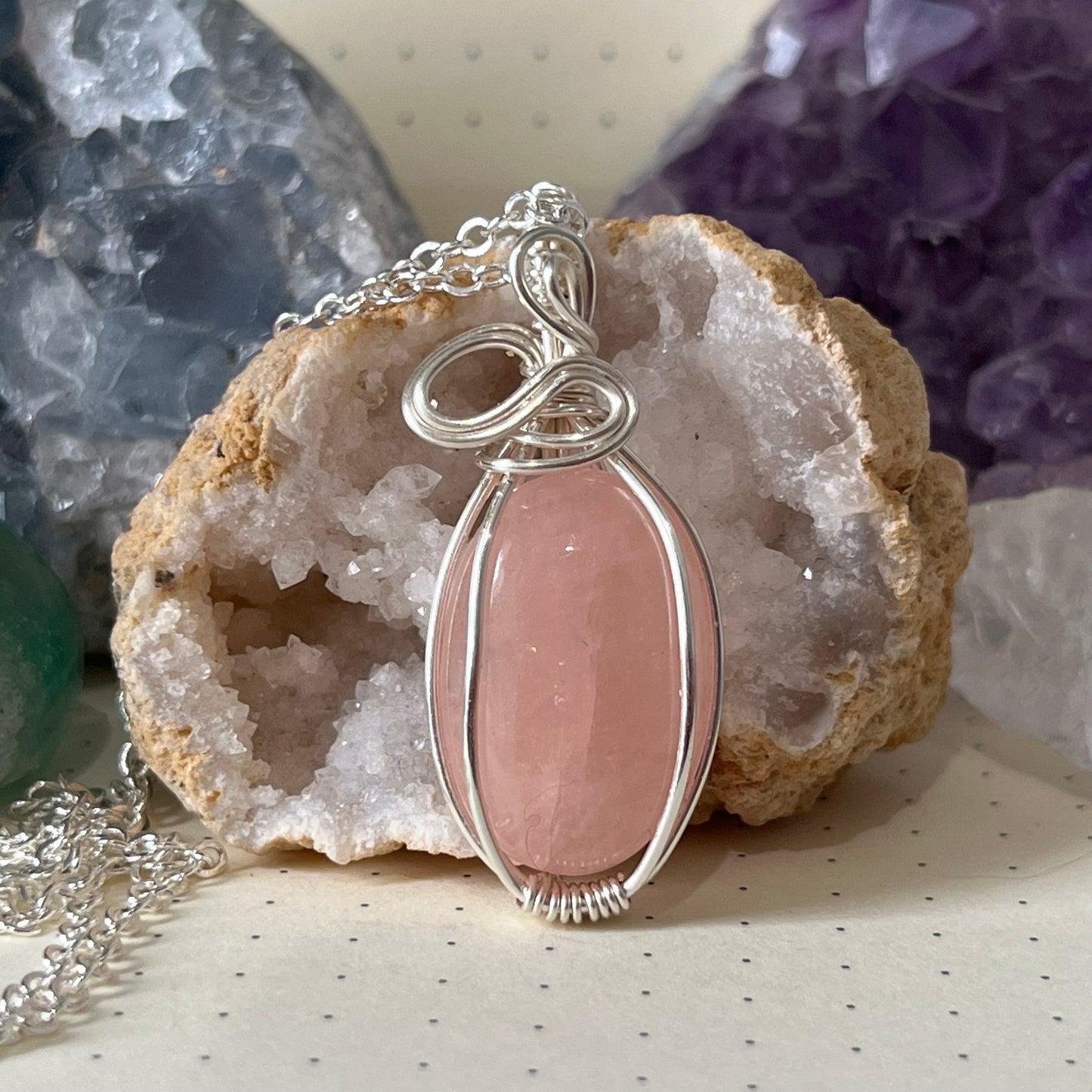Morganite Necklace | Wire Wrapped Crystal Healing Pendant with Chain | Brings Joy ~ Releases Emotions ~ Heals Old Wounds