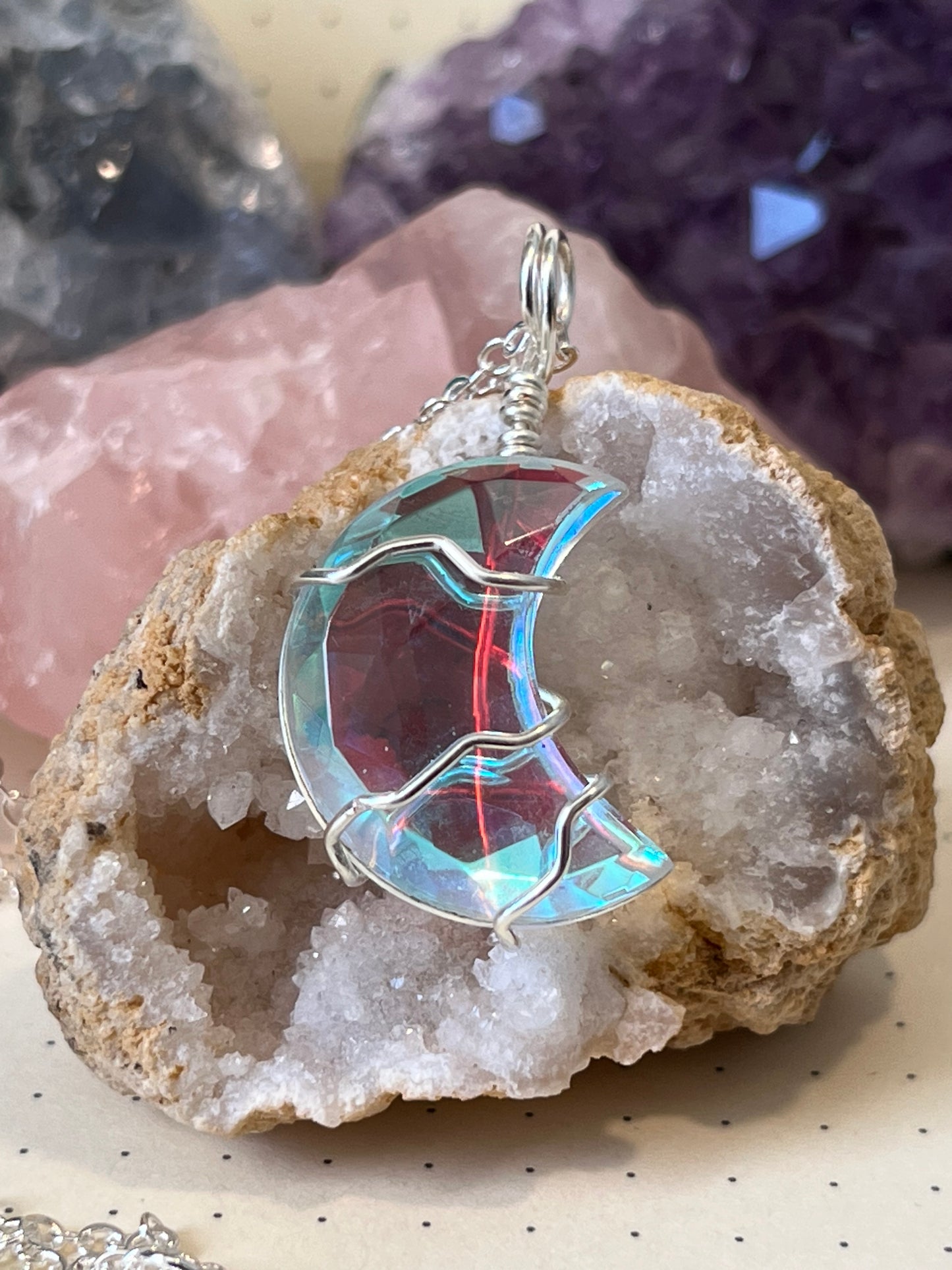 Aura Quartz Moon Necklace, Wire wrapped Crystal Necklace with chain, Joy ~ Happiness ~ Healing