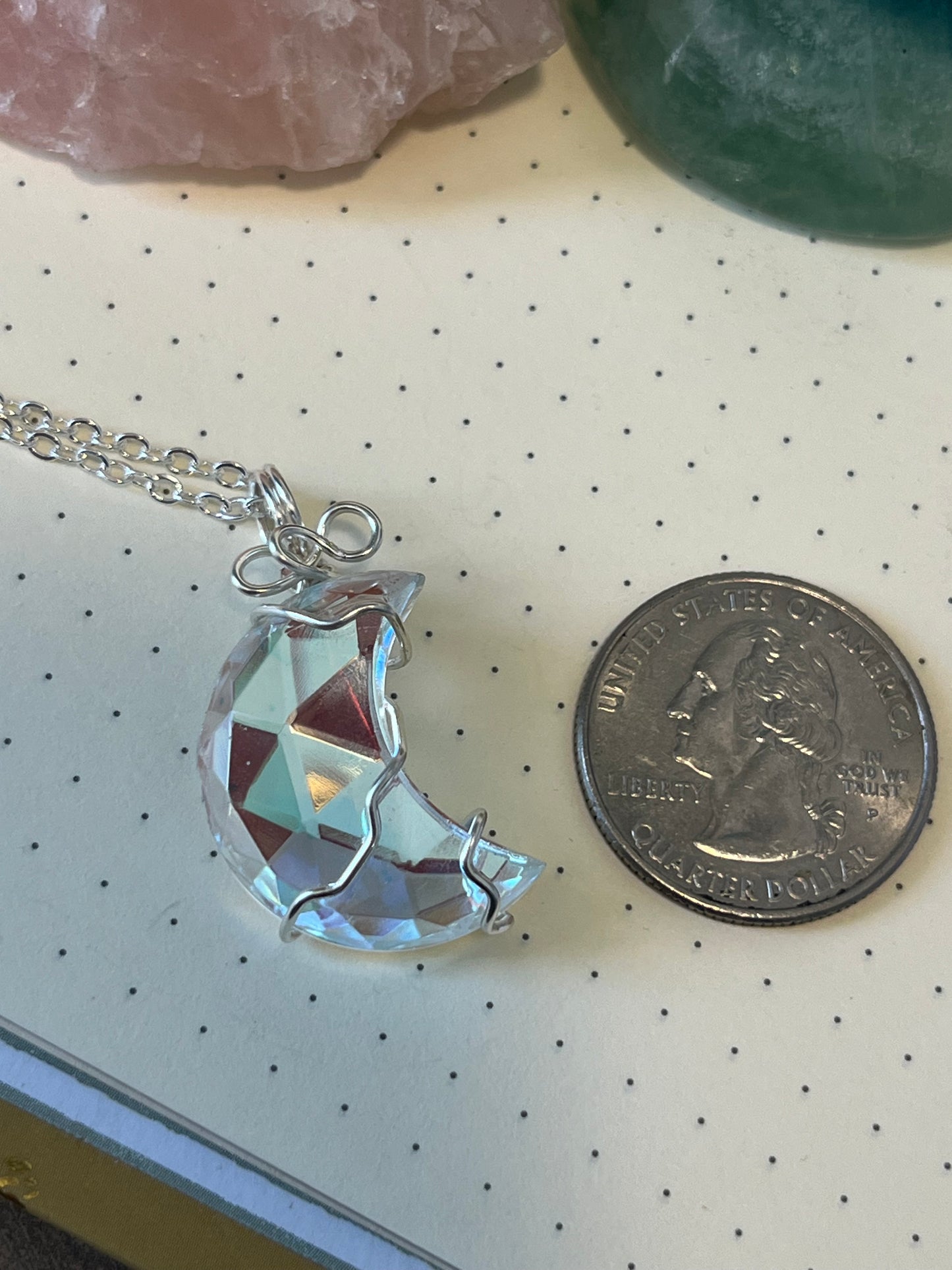Aura Quartz Moon Necklace | Wire Wrapped Crystal Healing Pendant with Chain |  Joy ~ Happiness ~ Healing