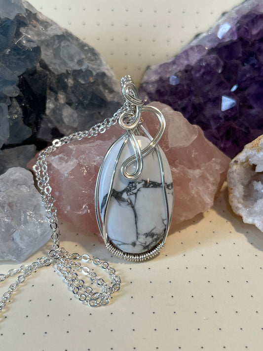 White Howlite Necklace, Wire Wrapped Crystal Pendant with Chain,  Patience ~ Sooth Anger ~ Absorbs Tense Emotions