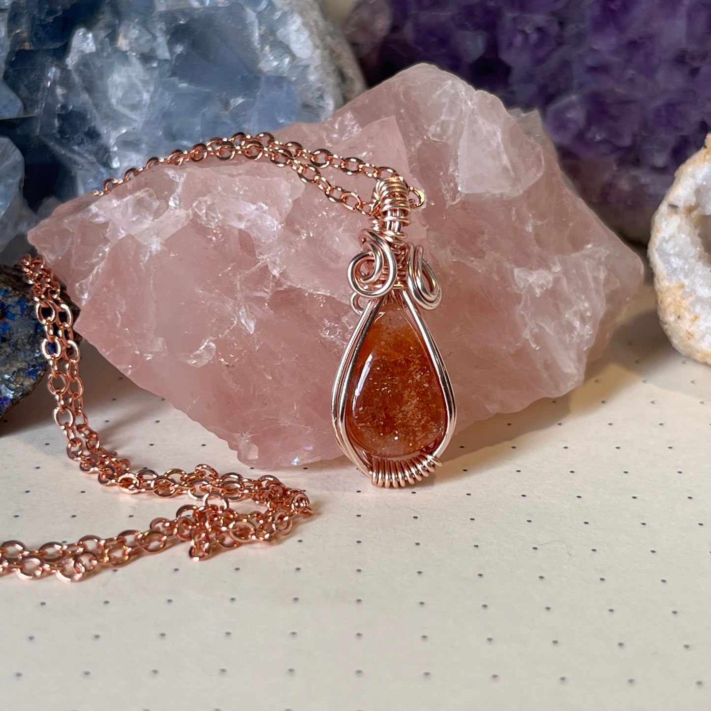 Sunstone Necklace | Wire Wrapped Crystal Healing Pendant with Chain |  Joy ~ Light ~ Optimism