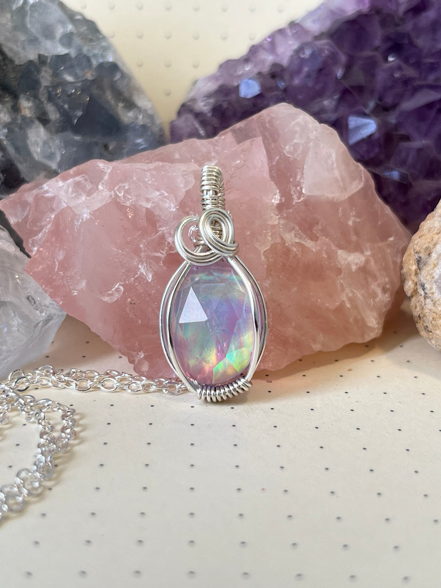 Aurora Opal Necklace, Wire Wrapped Crystal Necklace with Chain, Uplifting ~ Creativity ~ Discovery