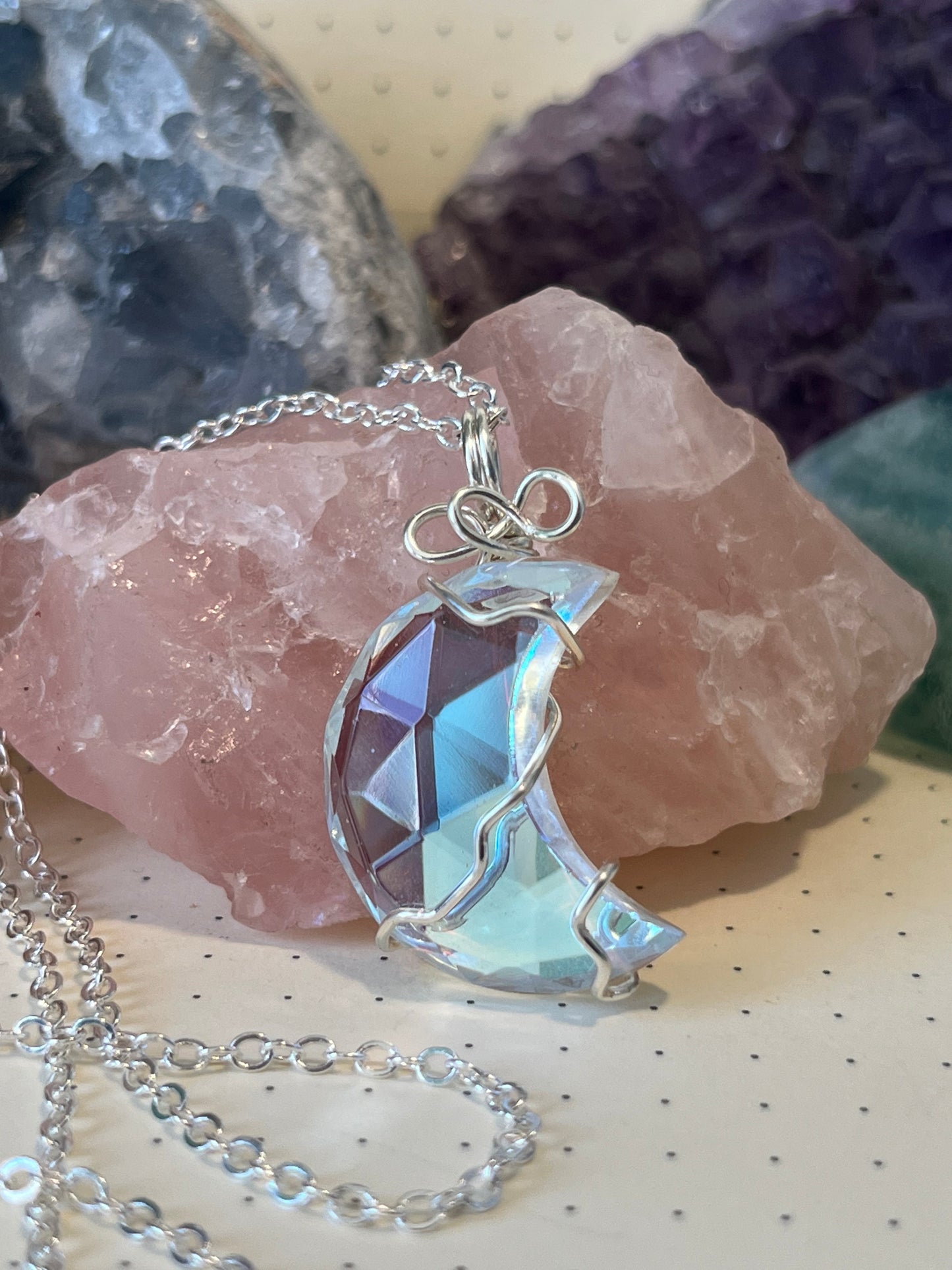 Aura Quartz Moon Necklace | Wire Wrapped Crystal Healing Pendant with Chain |  Joy ~ Happiness ~ Healing