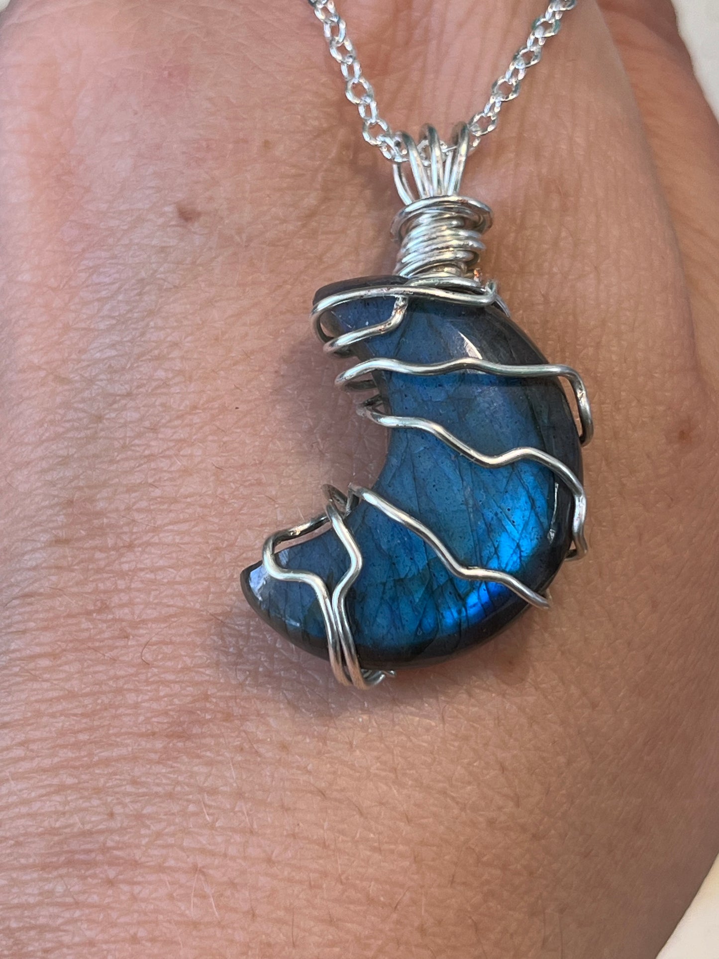 Labradorite Moon Necklace | Wire Wrapped Crystal Healing Pendant with Chain | Higher Awareness ~ Shielding ~ Creativity